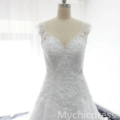 V Neck Lace Appliques Sequins Wedding Gowns Cap Sleeves