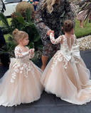 Princess Lace Long Sleeves Champagne Flower Girl Dresses Cheap