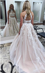 2024 Champagne Two Piece Prom Dresses UK High Neck Lace Evening Dress
