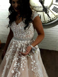 Hot Champagne Lace Prom Dresses Beaded Appliques Cap Sleeves