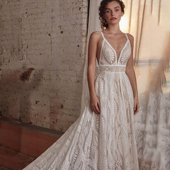 Gorgeous Bohemian Lace Wedding Dresses with Detachable Sleeves