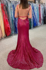 Fuchsia Sequin Prom Dresses Spaghetti Straps Mermaid Long Evening Gown with Slit