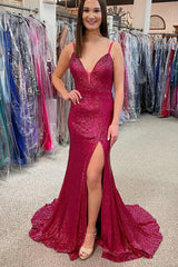 Fuchsia Sequin Prom Dresses Spaghetti Straps Mermaid Long Evening Gown with Slit