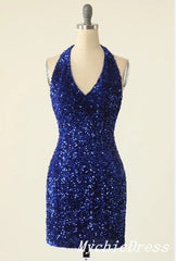 Cheap Halter Royal Blue Homecoming Dresses Mini Tight Sparkly Cocktail Dress