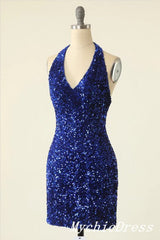 Cheap Halter Royal Blue Homecoming Dresses Mini Tight Sparkly Cocktail Dress
