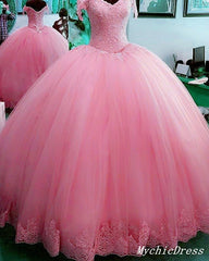 Hot Ball Gown Lace Quinceanera Dresses Tulle Appliques Off Shoulder Party Dress