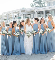 Simple Sheath Ruffles Long Dusty Blue Bridesmaid Dresses under 100