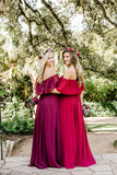 Cheap Long Off the Shoulder Burgundy Chiffon Boho Bridesmaid Dresses
