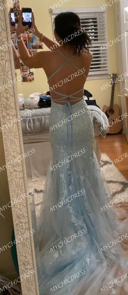 Backless Light Blue Lace Mermaid Prom Dresses, Open Back Light Blue La –  jbydress