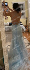 Sexy Mermaid Light Blue Lace Prom Dresses Open Back