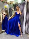 Simple Long UK Prom Dresses Blue V Neck Chiffon Evening Dresses Cheap