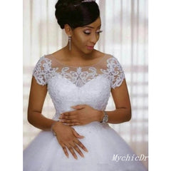 A Line Scoop Short Sleeves Lace African Wedding Dresses Sequins