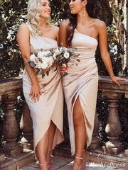 Short Champagne Satin Bridesmaid Dresses One Shoulder Wedding Guest Dresses