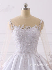A Line Lace Applique Satin Wedding Dresses Long Sleeves with Button