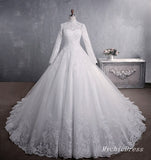 A Line Lace Applique Long Sleeves High Neck Muslim Wedding Dresses