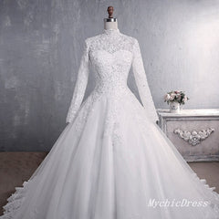 A Line Lace Applique Long Sleeves High Neck Muslim Wedding Dresses
