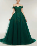 Dark Green Lace Ball Gown Prom Dresses Off the Shoulder Formal Gowns