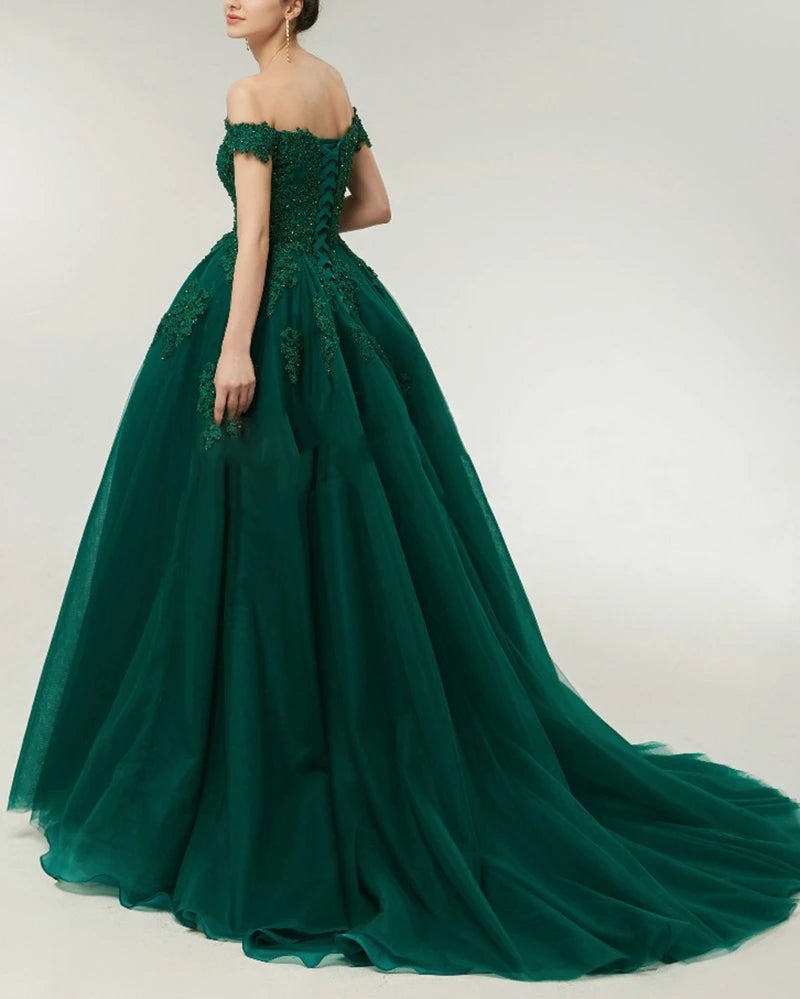 Dark Green Lace Ball Gown Prom Dresses Off the Shoulder Formal Gowns ...