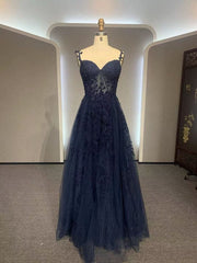 Black A-line 2024 Prom Dress Lace Applique Sweetheart Tulle Evening Dress UK