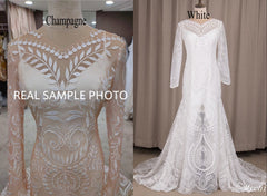 Long Sleeves Lace Boho Wedding Dresses Cheap Mermaid Bridal Gown