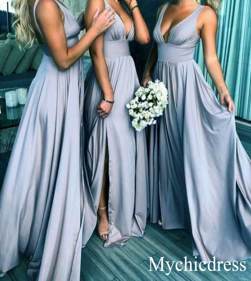Backless Long Beach V-Neck Gold Bridesmaid Dresses Slit Side – MyChicDress