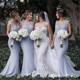 Simple Boho Dusty Blue Bridesmaid Dresses Tulle Straps Mermaid Wedding Guest Dress