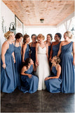 Floor Length Long Mismatched Dusty Blue Bridesmaid Dresses Chiffon