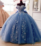 Cheap Dusty Blue Quinceanera Dresses Floral Sweet 16 Princess Dresses