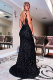 Sparkly Black Sequin Prom Dresses One Shoulder Mermaid Evening Gown Split