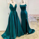 A Line Long Satin Emerald Green Prom Dresses 2023 with Split