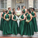 A Line Halter Emerald Green Bridesmaid Dresses Satin Wedding Guest Dresses