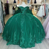 Off Shoulder Lace Tulle Quinceanera Dresses Dark Green Applique Cheap Sweet 16 Dress