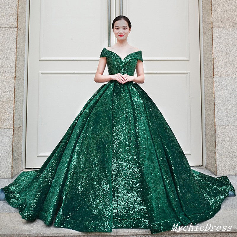 Emerald Green Quinceanera Dresses Sequin Ball Gown Off the Shoulder We ...