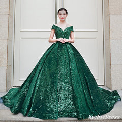 Emerald Green Quinceanera Dresses Sequin Ball Gown Off the Shoulder Wedding Dress