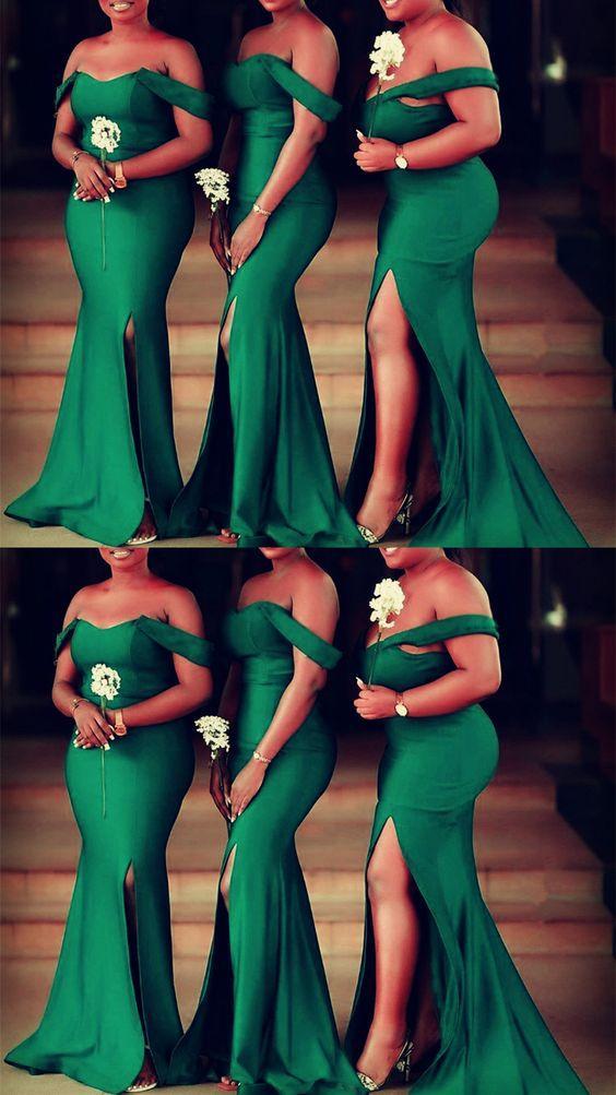 Retro & Vintage Plus Size Emerald Satin Draped Off The Shoulder Bridesmaid  Dress | Unique Vintage
