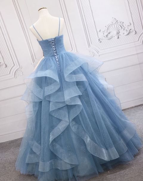 A Line Sparkly Blue Evening Dresses Tulle Prom Dresses Spaghetti Strap ...