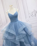 A Line Sparkly Blue Evening Dresses Tulle Prom Dresses Spaghetti Straps