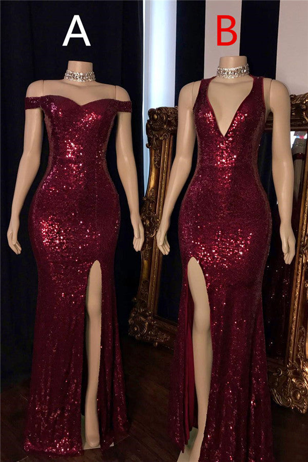 cheap burgundy sequin prom dress