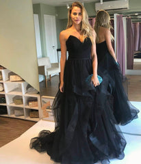 A Line Sweetheart Black Tulle tiered Prom Dresses Sleeveless