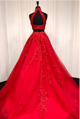 A Line Halter Lace Red 2 Piece Prom Dresses Tulle Evening Gown