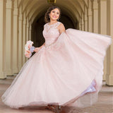 Appliques  Jewel Sleeveless 15 Dresses Long Pink Quinceanera Dresses