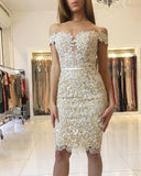 Short Off the Shoulder Mermaid Lace Champagne Prom Dresses
