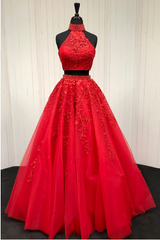 A Line Halter Lace Red 2 Piece Prom Dresses Tulle Evening Gown