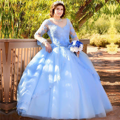 Blue V-neck 15 Dresses Illusion Long-Sleeves Quinceanera Dresses