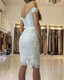 Short Mermaid Lace Off the Shoulder ivory Prom Dresses With Button