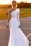 A Line Chiffon Pearls Long Sleeve Beach Wedding Dresses White