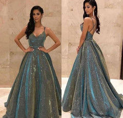 A Line Glitter Sequin Prom Dresses with Pockets Cross Back Evening Dresses