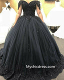 Ball Gown Black Gothic Wedding Dresses Lace Appliques Beaded Off the Shoulder