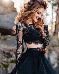 Two Piece Long Sleeves Lace Tulle Black Gothic Wedding Dresses