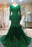 Long Mermaid Sequin Beaded Green Prom Dresses with Sleeves Lace Evening Dress
